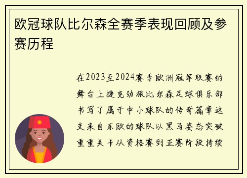 欧冠球队比尔森全赛季表现回顾及参赛历程