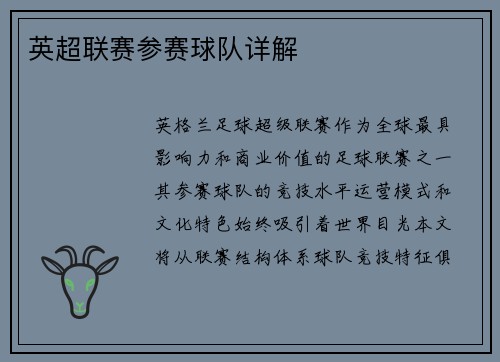 英超联赛参赛球队详解