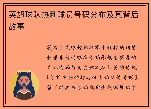 英超球队热刺球员号码分布及其背后故事